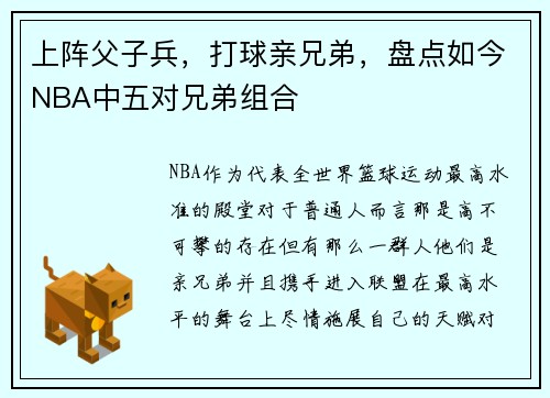 上阵父子兵，打球亲兄弟，盘点如今NBA中五对兄弟组合