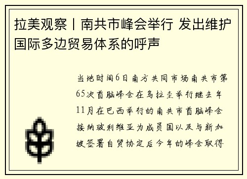 拉美观察丨南共市峰会举行 发出维护国际多边贸易体系的呼声