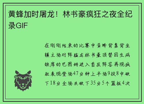 黄蜂加时屠龙！林书豪疯狂之夜全纪录GIF